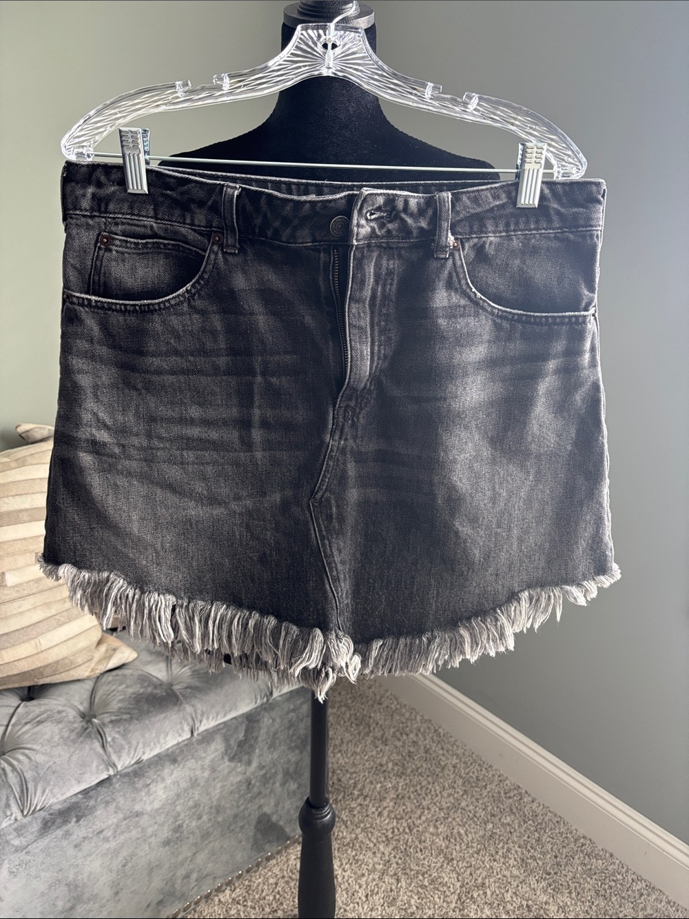 We The Free Black Washed Frayed-Hem Mini Skirt